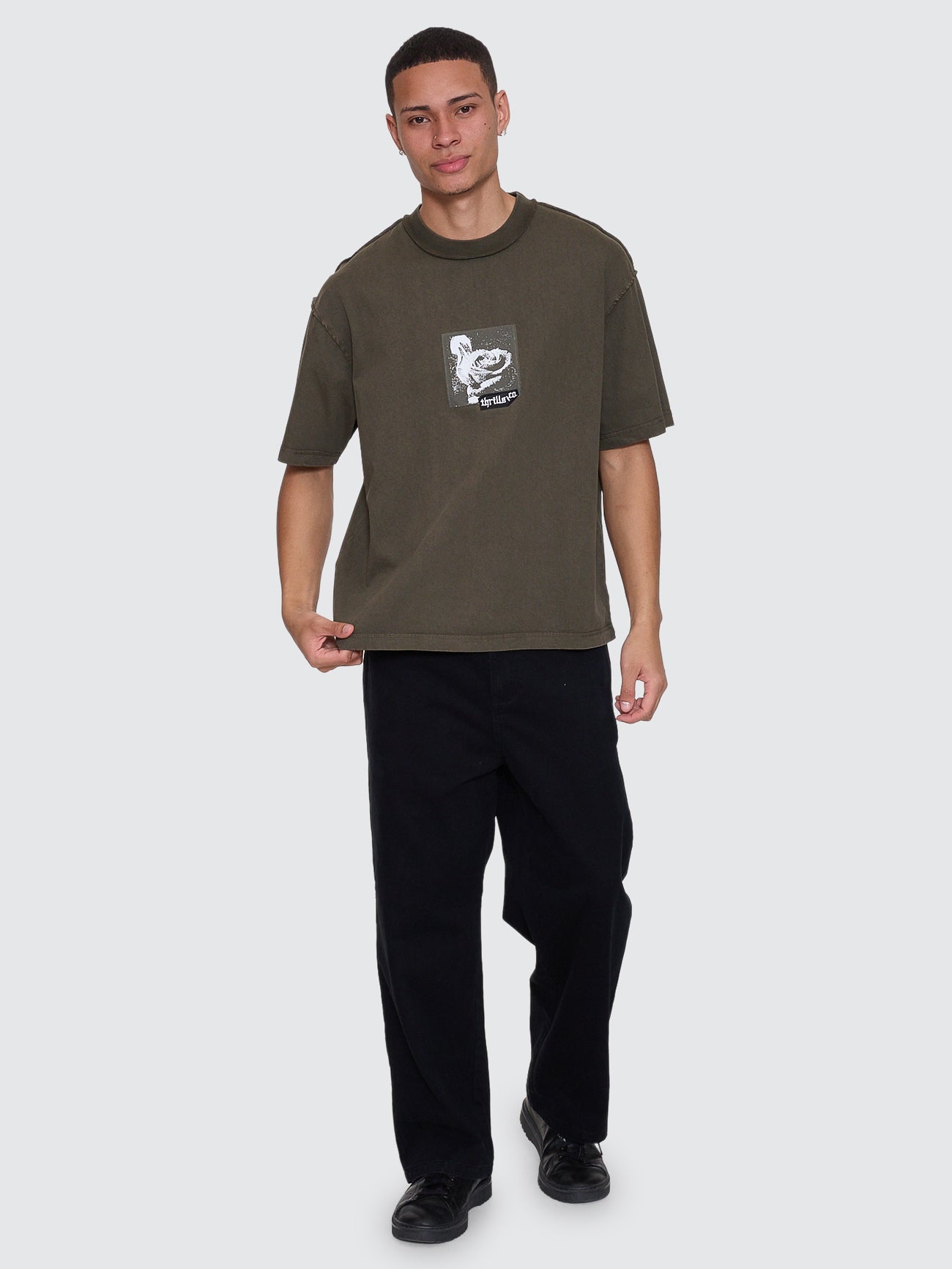 Thrills Co Rose Brigade Box Fit Oversize Cropped Tee - Olive Night in Olive Night