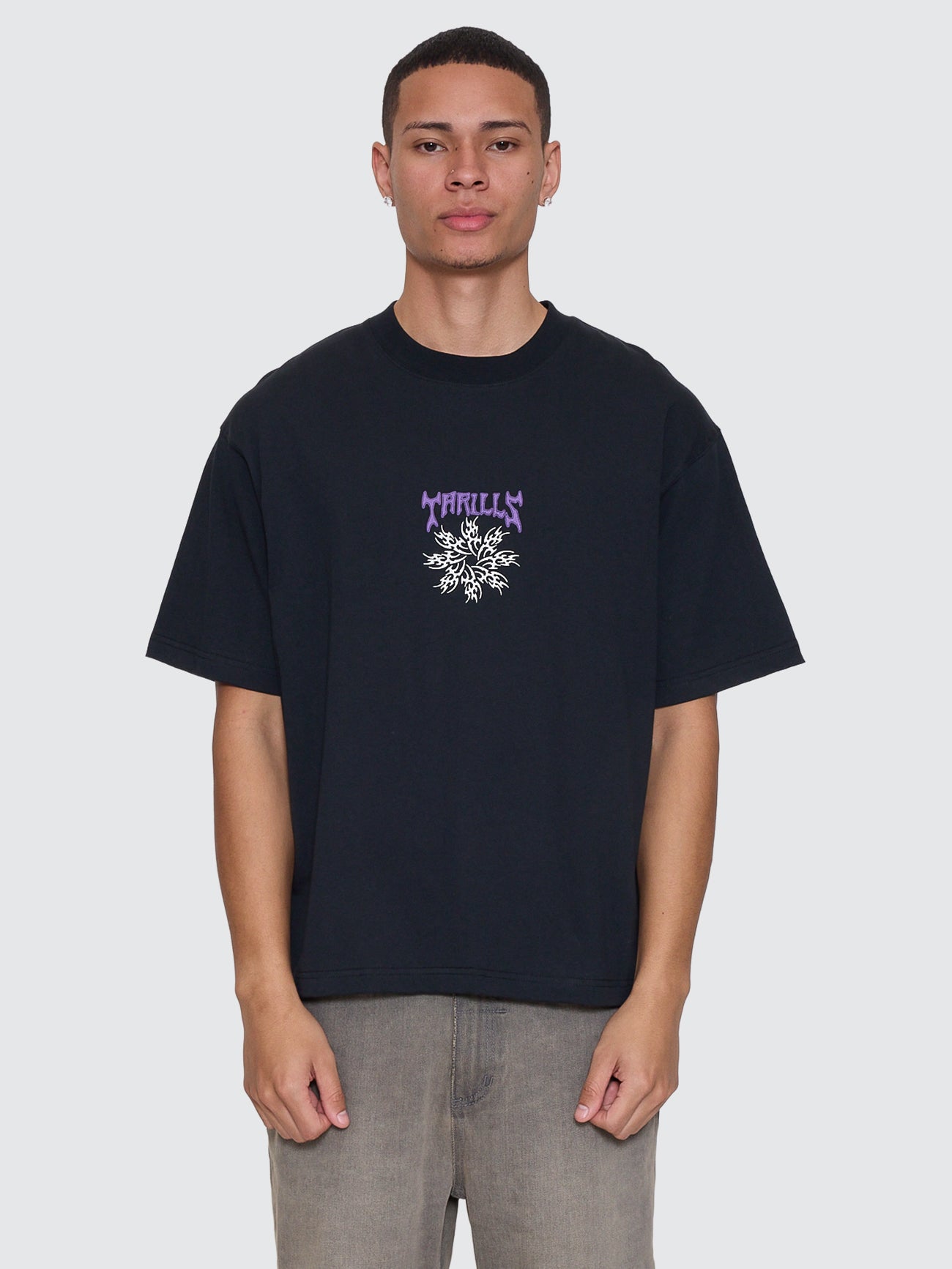 Thrills Co Stagger Box Fit Oversize Cropped Tee - Washed Black in Washed Black