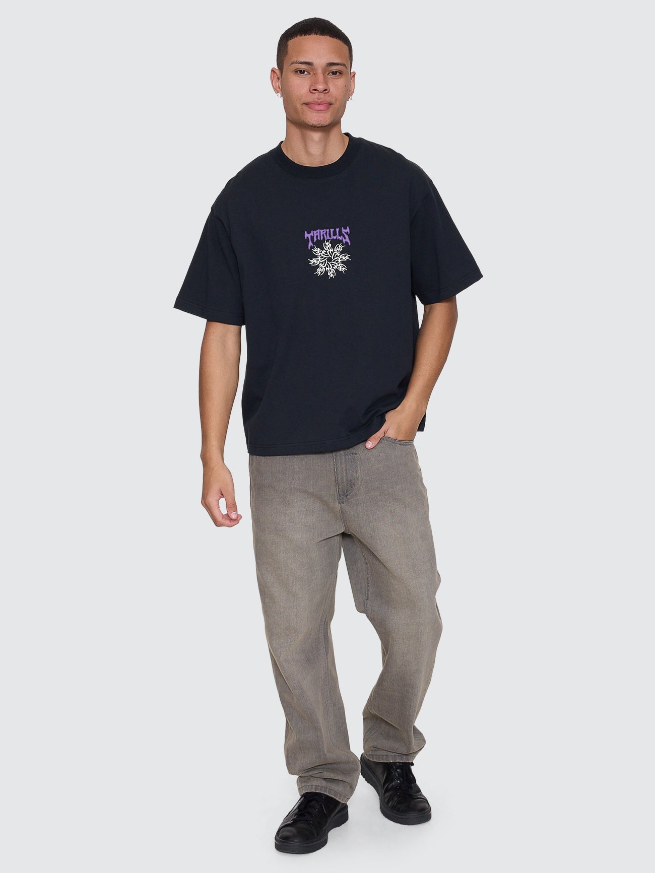 Thrills Co Stagger Box Fit Oversize Cropped Tee - Washed Black in Washed Black