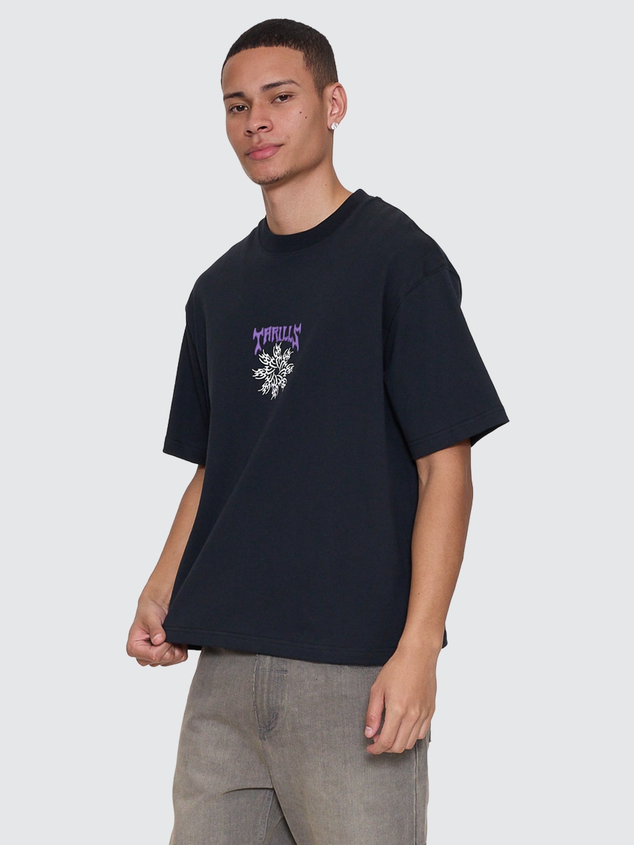 Thrills Co Stagger Box Fit Oversize Cropped Tee - Washed Black in Washed Black