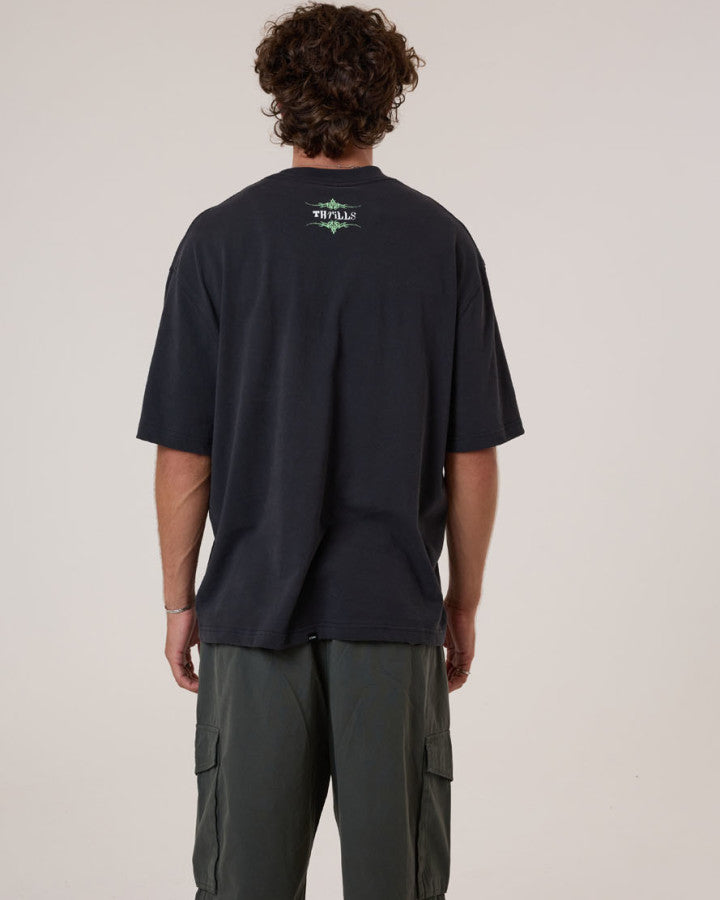 Thrills Transmission Box Fit Oversize Cropped Tee - Washed Black in Washed Black
