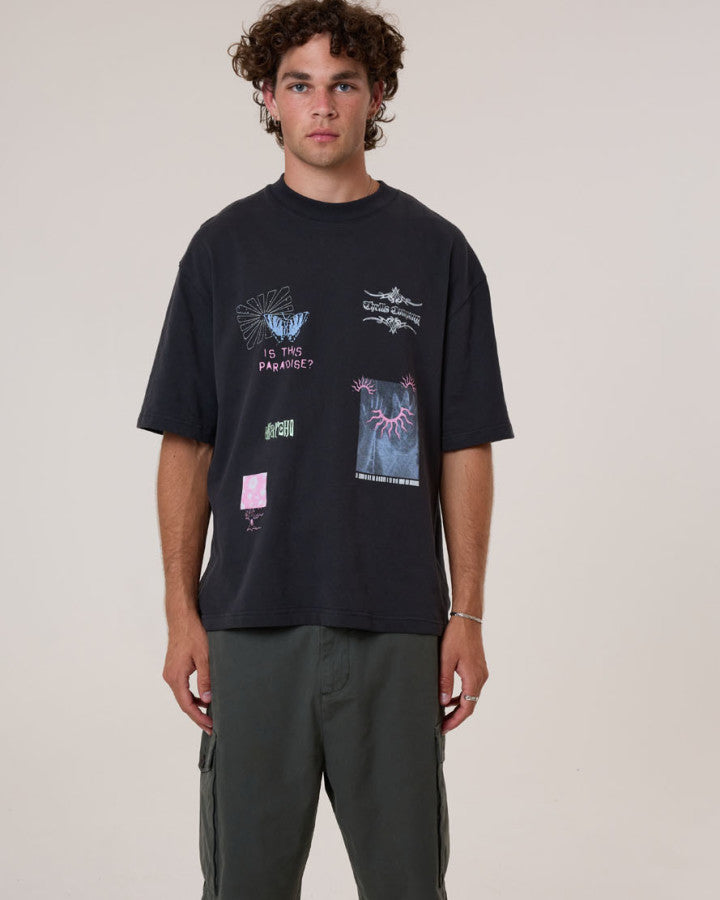 Thrills Transmission Box Fit Oversize Cropped Tee - Washed Black in Washed Black