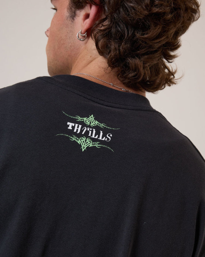 Thrills Transmission Box Fit Oversize Cropped Tee - Washed Black in Washed Black