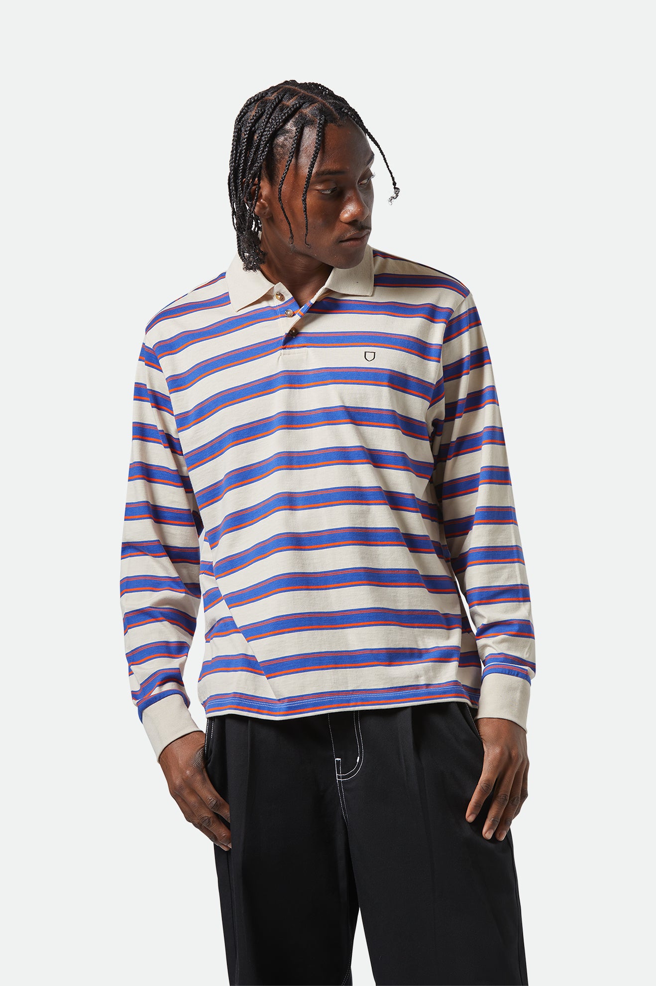 Brixton Vintage Stripe L/S Polo Knit in ELECTRIC BLUE/FLAME/WHITECAP