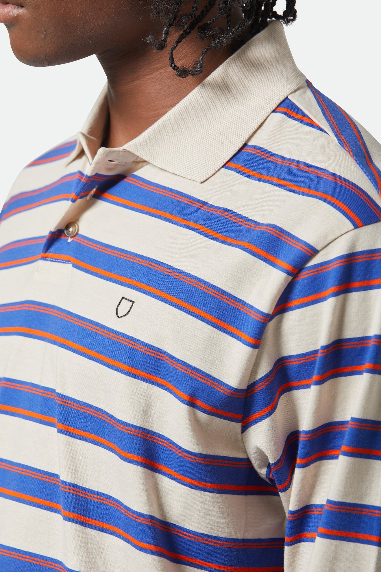 Brixton Vintage Stripe L/S Polo Knit in ELECTRIC BLUE/FLAME/WHITECAP